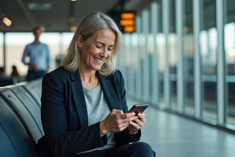 Femme accédant à son compte SNCF sur smartphone dans une gare moderne