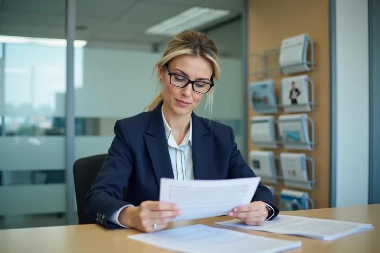 Femme consultant des documents administratifs au guichet d'une mairie pour obtenir une aide financière de 400 euros
