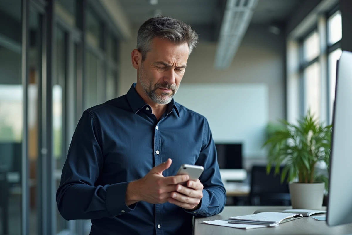 Homme en entreprise consultant son smartphone face à un bug de connexion sur une application professionnelle