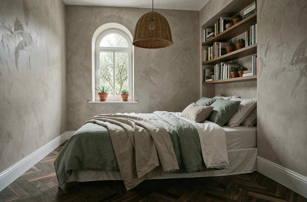 Chambre cosy avec literie en lin sage, lampe en rotin et bibliothèque intégrée dans un intérieur chaleureux et tendance