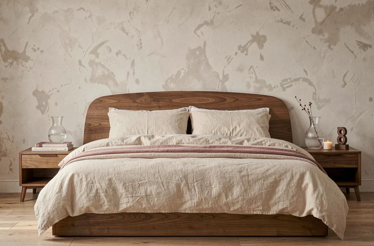 Chambre principale tendance avec tête de lit en noyer, literie en lin ivoire et rose, mur en chaux texturé et accessoires décoratifs artisanaux