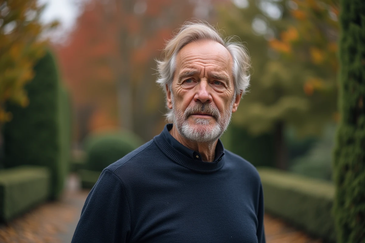 Homme de 70 ans aux cheveux roux blanchissants et barbe argentée dans un jardin botanique en automne