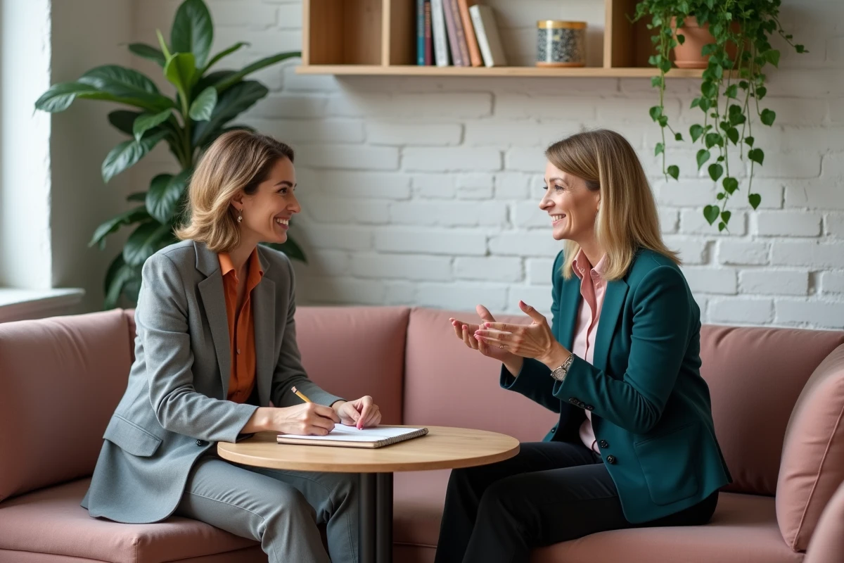 Deux professionnelles en conversation lors d'une séance de coaching bien-être personnalisé dans un espace dédié au bureau
