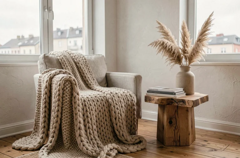 Coin salon cosy avec fauteuil en lin, plaid en laine tressée et vase en céramique dans un appartement scandinave moderne