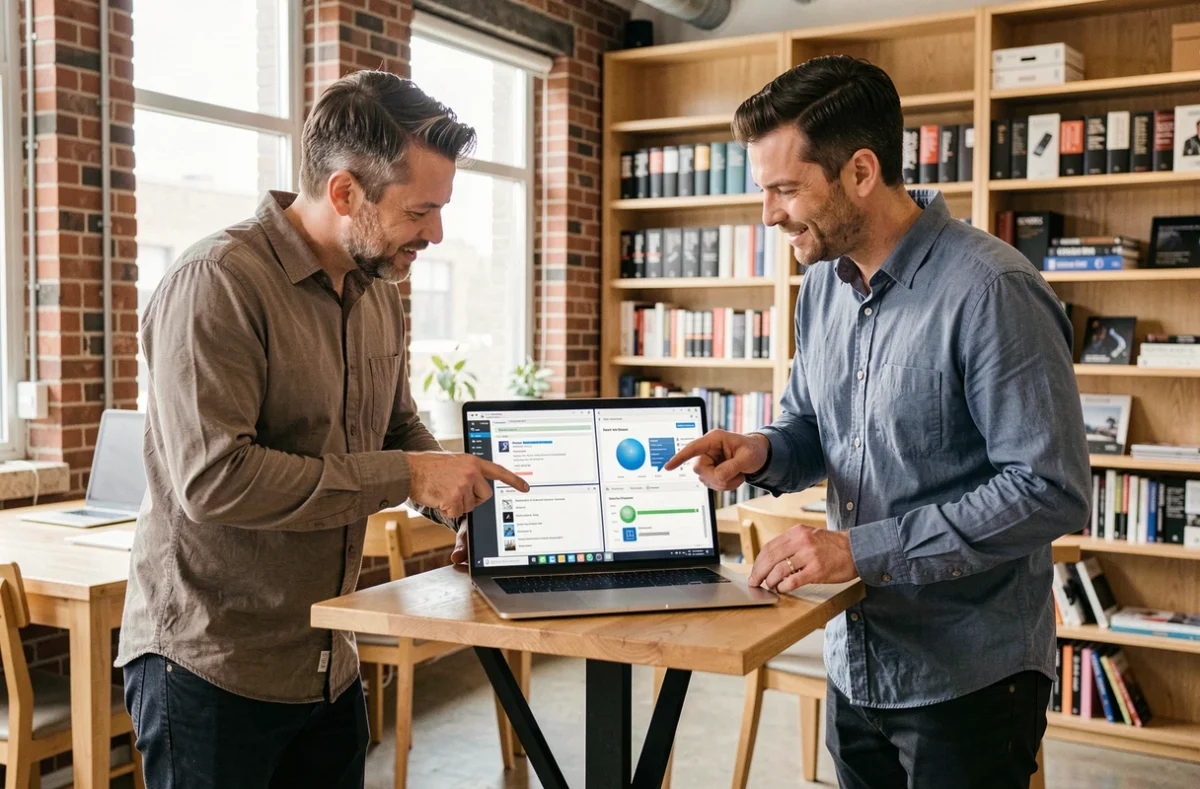 Deux collègues comparant Avast et CCleaner sur un ordinateur portable dans un espace de coworking