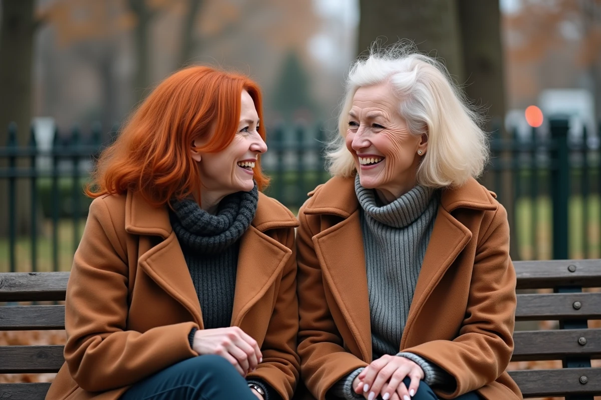 Deux femmes aux cheveux roux à différents stades de vie illustrant l'évolution de la couleur rousse avec l'âge