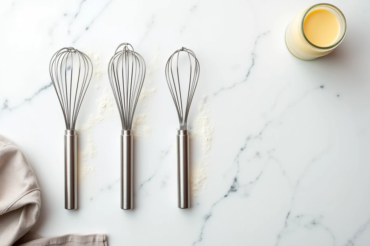 Vue de dessus de trois types de fouets de cuisine disposés sur marbre blanc avec un pot de mayonnaise maison pour comparer leurs formes et usages