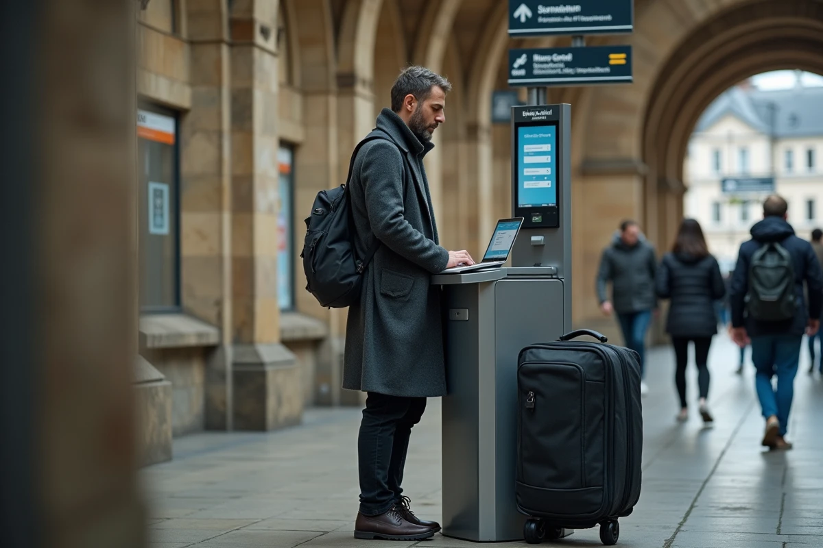 Homme consultant son compte KIS SNCF sur ordinateur portable en gare de Rennes
