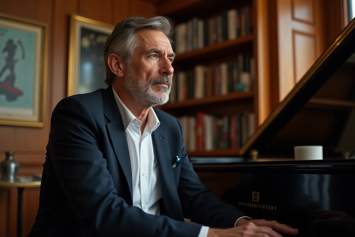 Portrait d'un contre-ténor élégant assis au piano dans un salon musical raffiné
