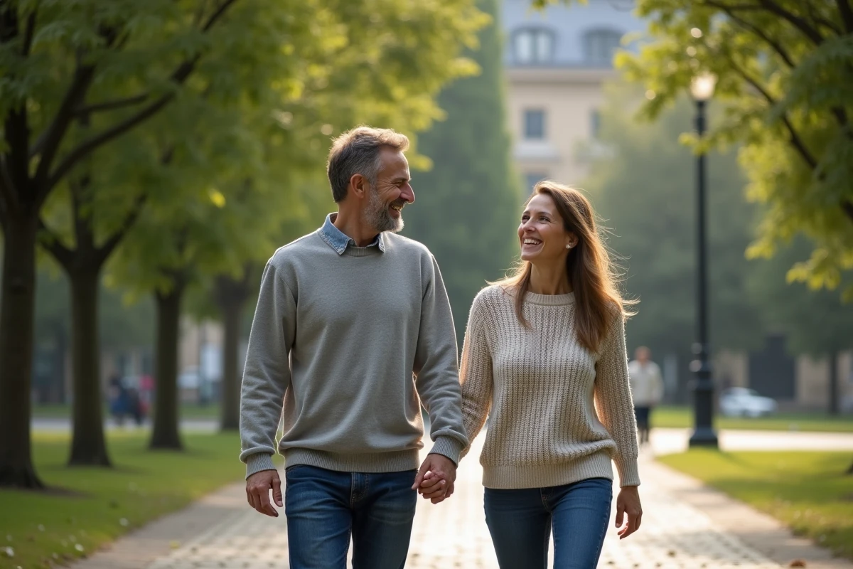 Couple souriant marchant dans un parc urbain