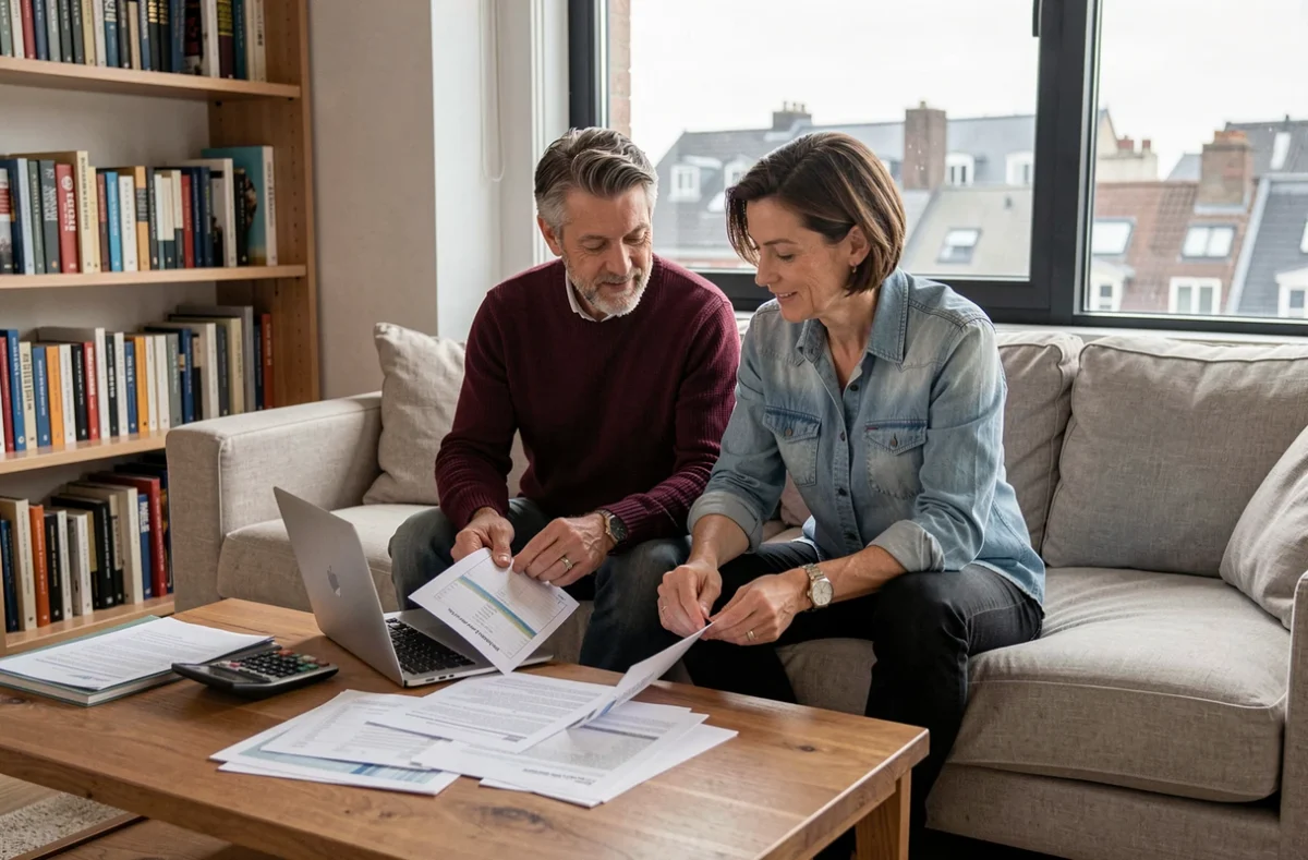 Couple planifiant ensemble leur budget et leurs investissements dans un salon moderne et cosy