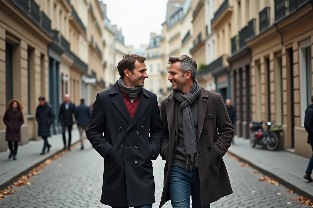 Deux hommes élégants se promenant ensemble dans une rue pavée de Paris en automne