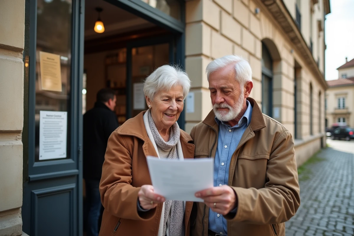 Couple de seniors devant l'entrée d'une mairie française consultant un dépliant sur les aides financières municipales disponibles