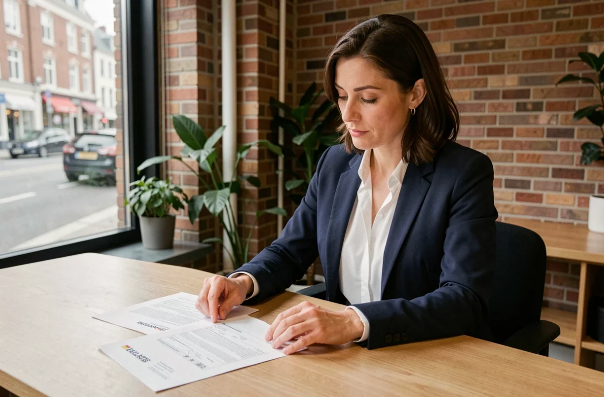 Femme entrepreneur en blazer marine examinant des documents officiels pour créer son entreprise en Belgique dans un bureau moderne à Bruxelles