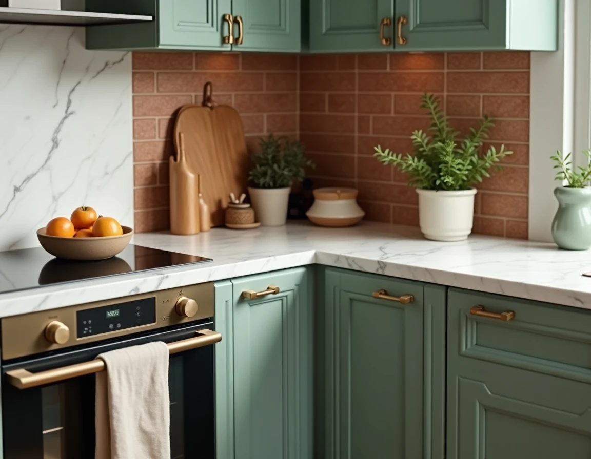 Coin cuisine tendance avec façades vert sauge mat, poignées en laiton vieilli, plan de travail en marbre et carrelage en terre cuite