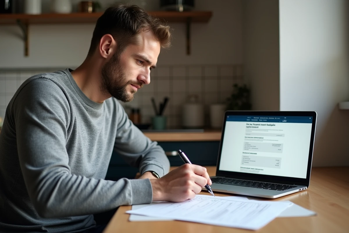Homme remplissant un dossier de demande d'aide municipale de 400 euros depuis son domicile avec un formulaire papier et un ordinateur portable