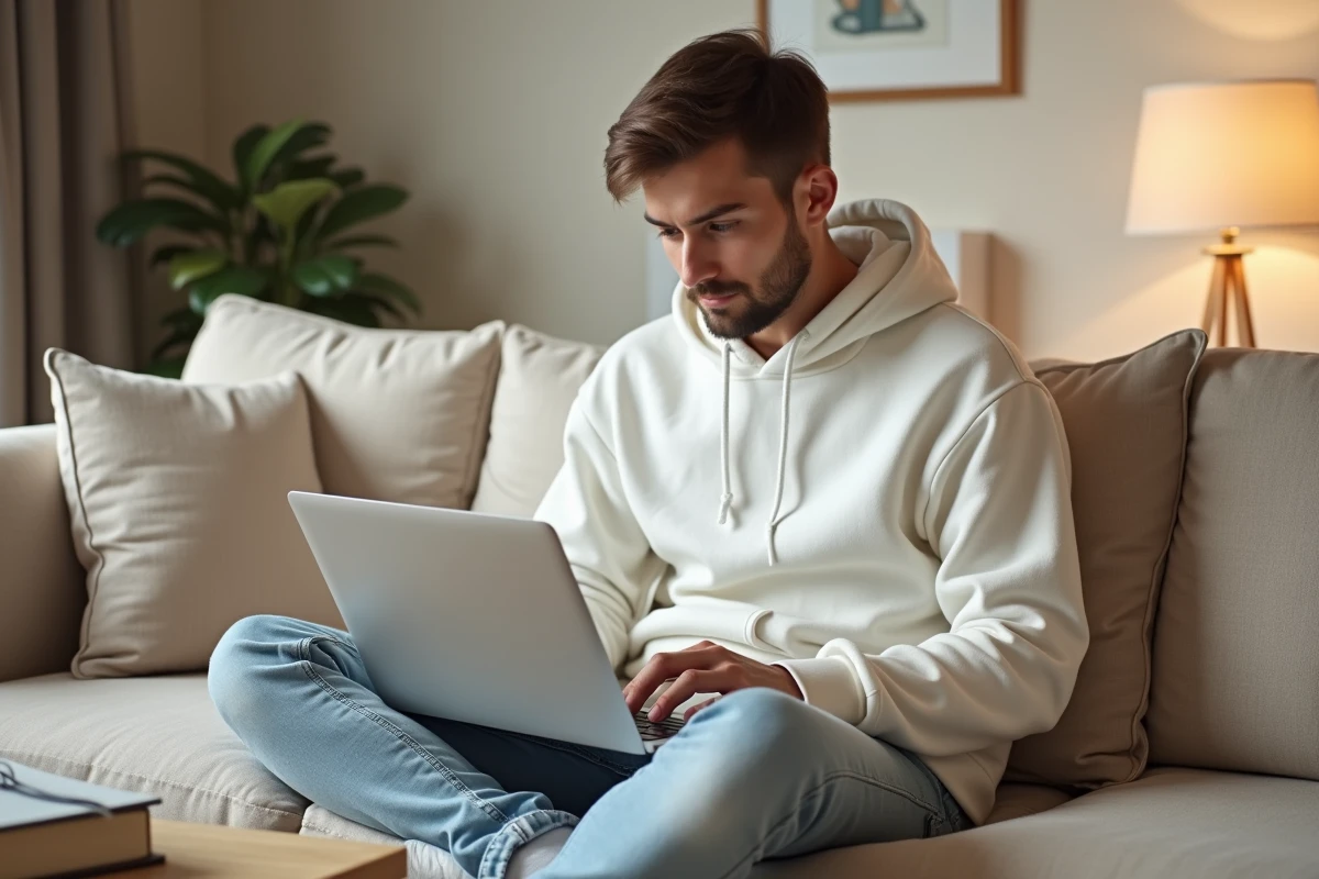 Jeune adulte résolvant un problème de connexion Arkevia depuis son canapé avec un guide de dépannage