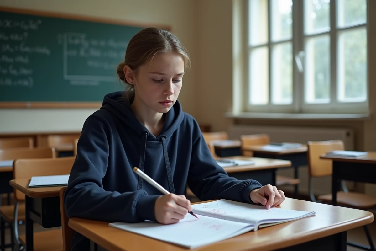 Élève de seconde générale qui consulte ses notes sur une copie corrigée dans une salle de classe de lycée français