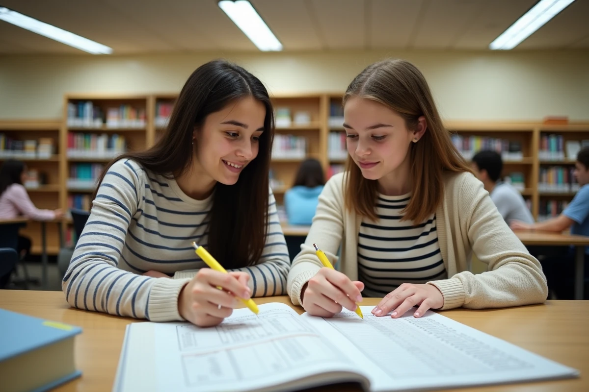 Deux élèves de seconde générale qui comparent leurs moyennes et résultats scolaires dans une bibliothèque de lycée