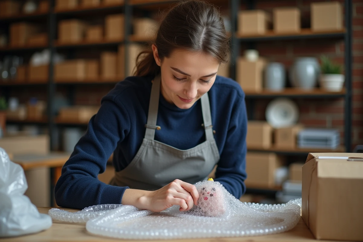 Femme emballant une figurine de collection dans du papier bulle sur un établi en bois