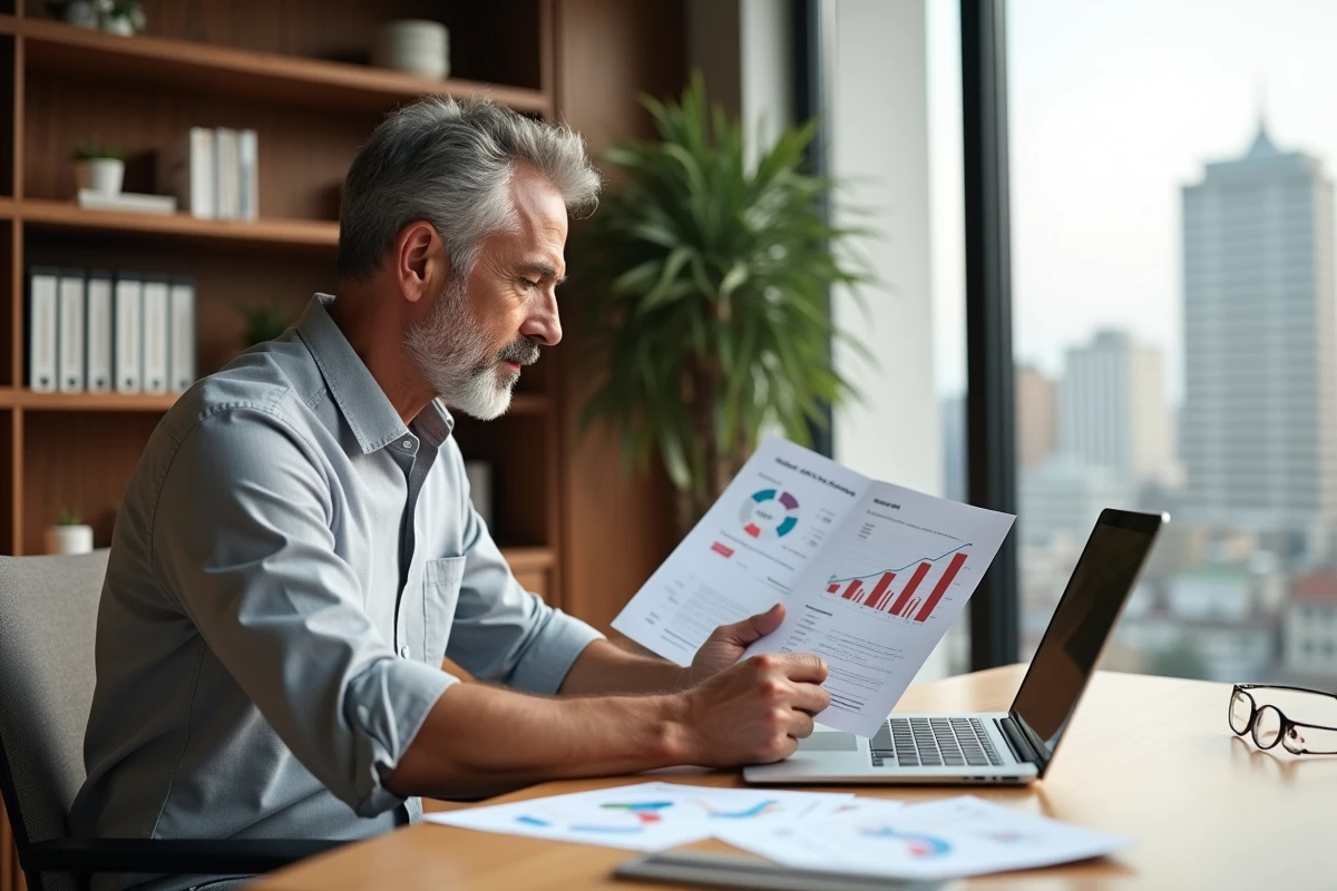 Entrepreneur analyser des graphiques de croissance commerciale dans un bureau à domicile moderne avec vue sur la ville