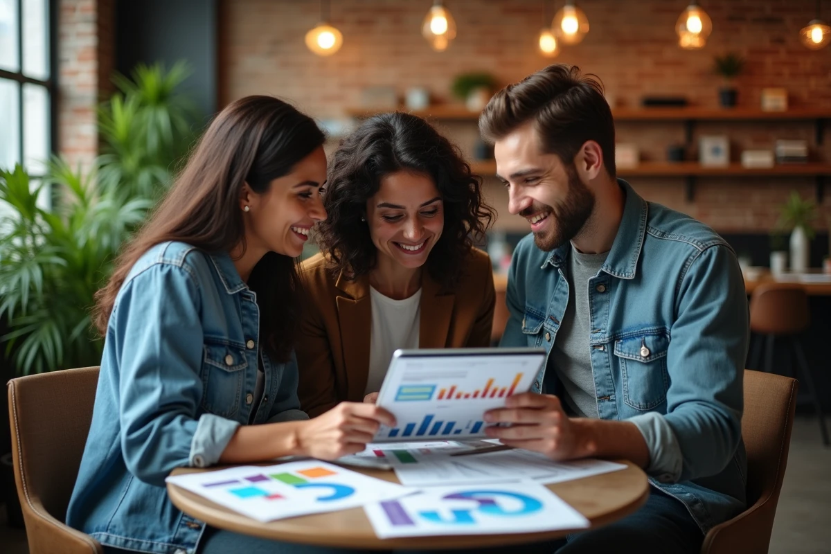 Équipe de jeunes professionnels collaborant sur un plan d'affaires innovant dans un espace de coworking tendance