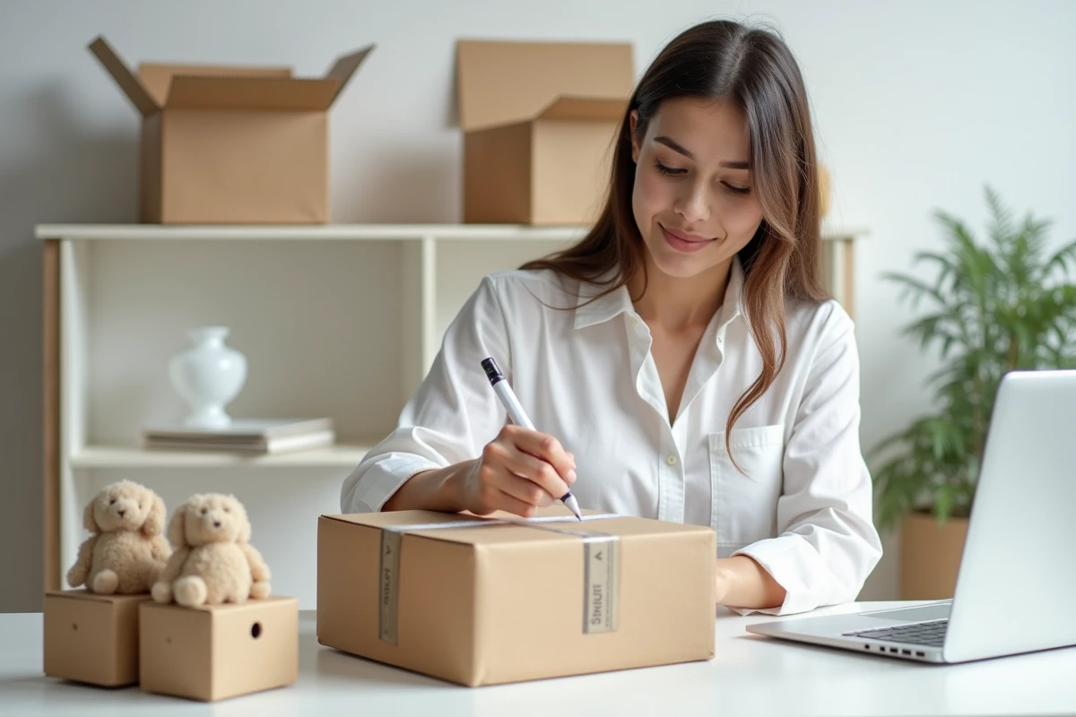 Jeune femme étiquetant un colis de figurine prêt à être expédié sur un bureau minimaliste