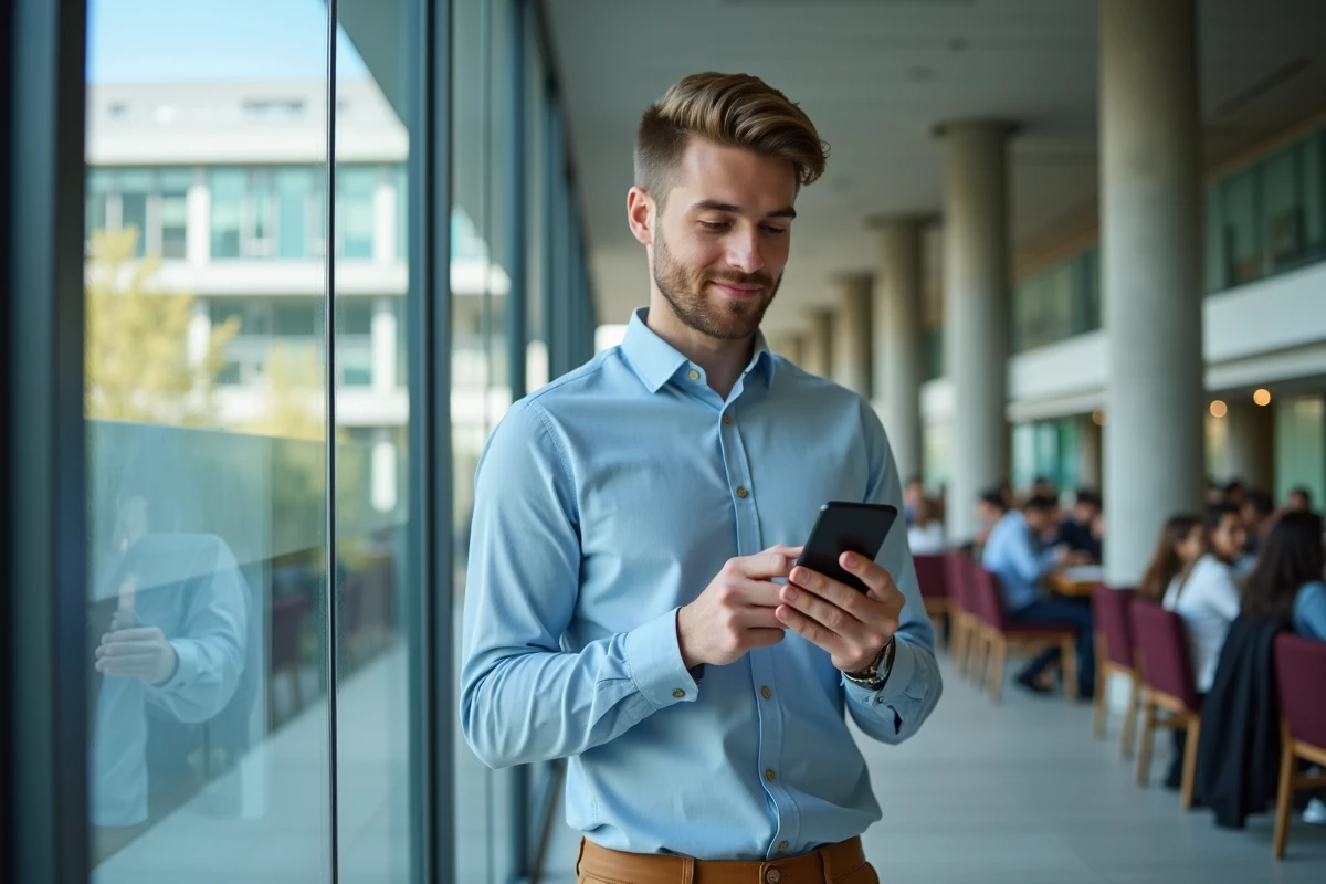 Étudiant accédant à sa messagerie UCA sur smartphone dans un espace commun de campus universitaire moderne