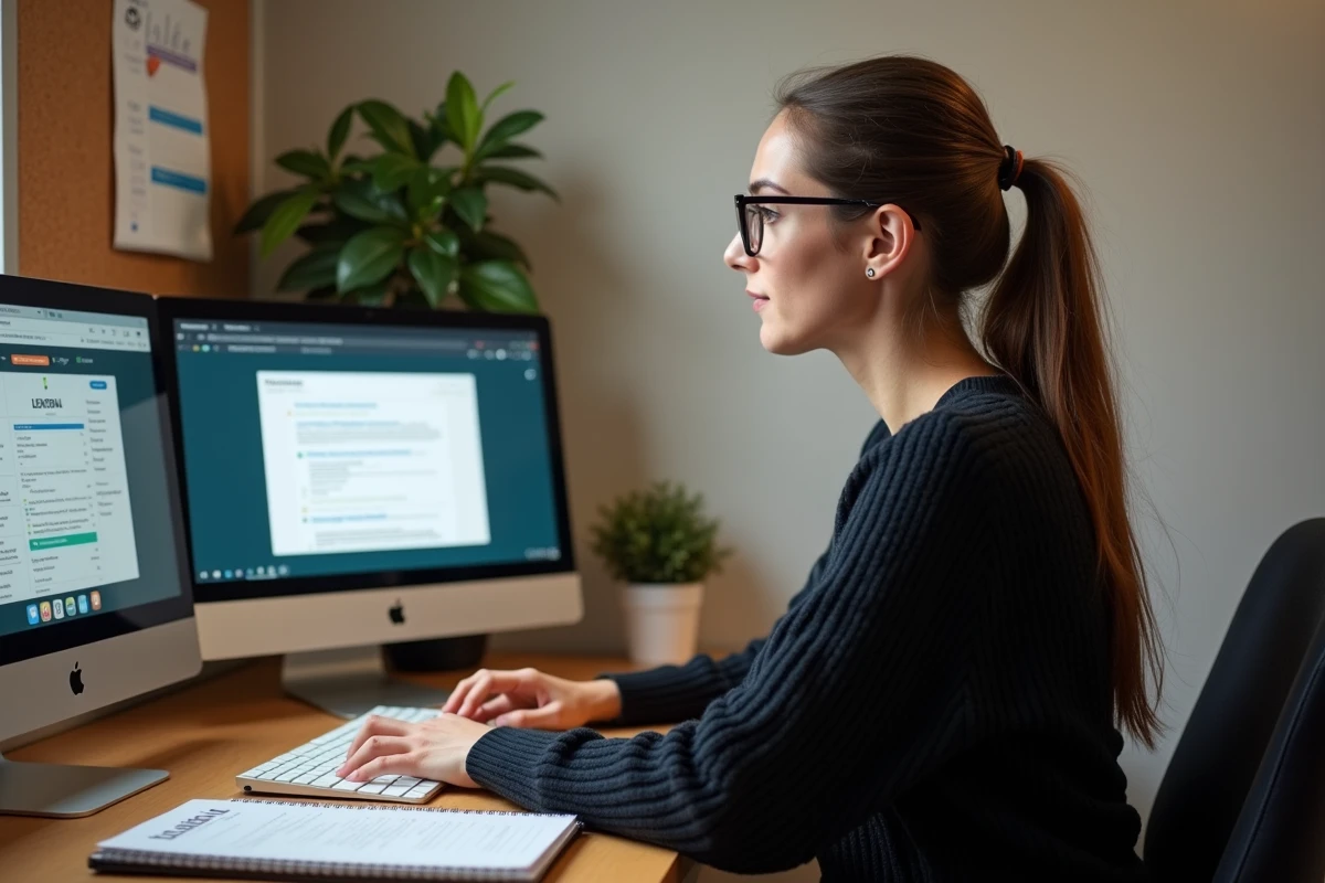 Étudiante en master consultant sa messagerie universitaire UCA sur un double écran depuis son bureau à domicile