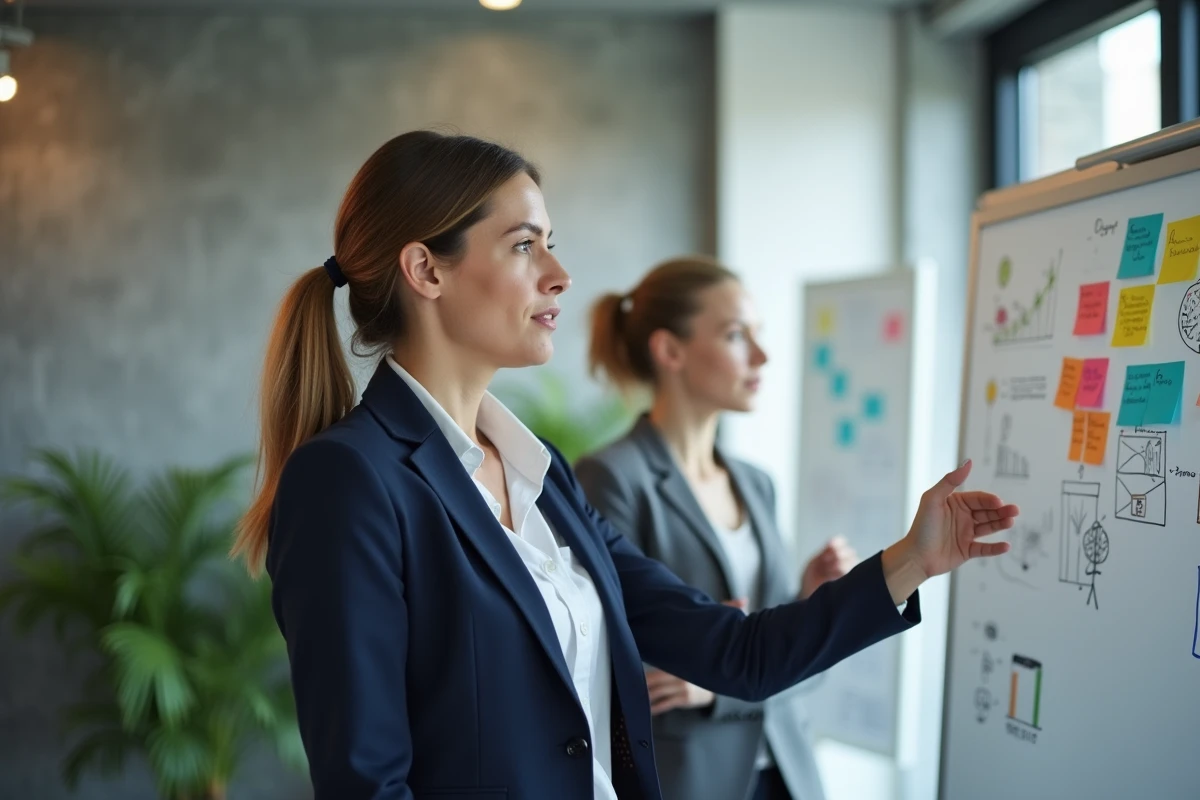 Femme d'affaires présentant une stratégie innovante sur un tableau blanc dans un bureau moderne lors d'une séance de brainstorming d'équipe