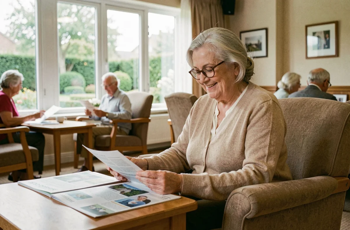 Une femme âgée de 72 ans examine des brochures de maisons de retraite dans un salon confortable, entourée d'un cadre chaleureux et rassurant.