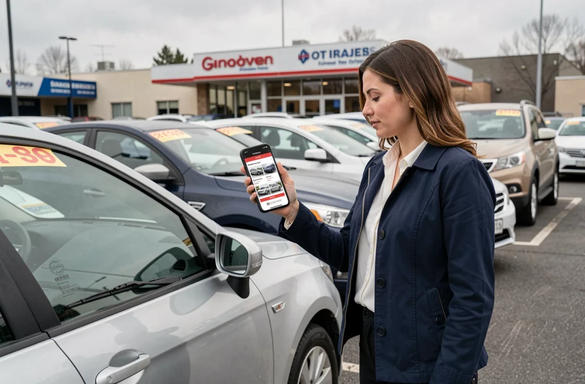 Femme comparant des annonces automobiles en ligne sur smartphone dans un parking de concessionnaire