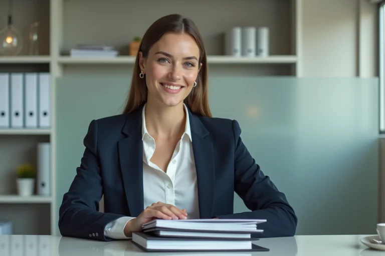Femme en bureau administratif avec documents et sourire confiant