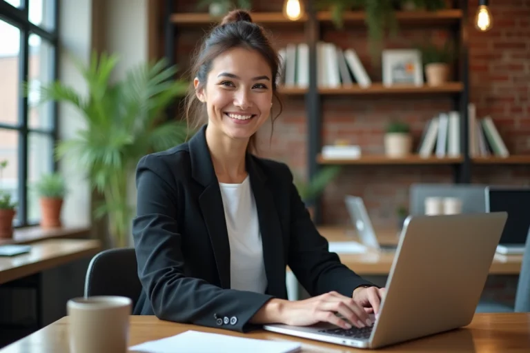 Femme souriante dans un espace coworking moderne