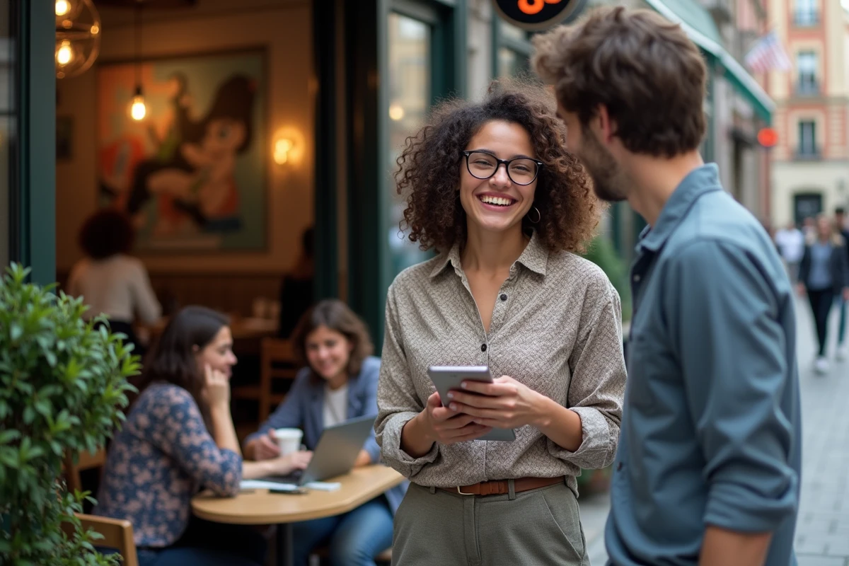 Jeune femme riant dans un café urbain animé