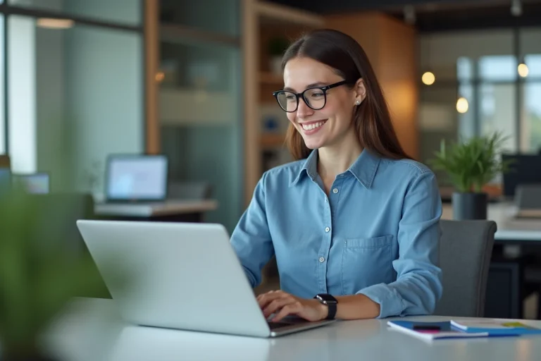 Femme souriante utilisant un tableau de bord numérique au bureau