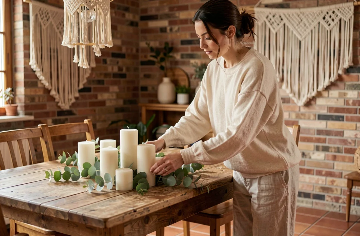 Femme arrangeant des bougies et de l'eucalyptus sur une table en bois brut dans une salle à manger décorative et chaleureuse