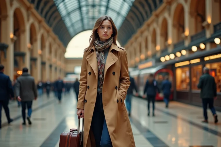 Femme élégante en trench camel traversant une grande gare européenne avec une valise en cuir, style voyage chic