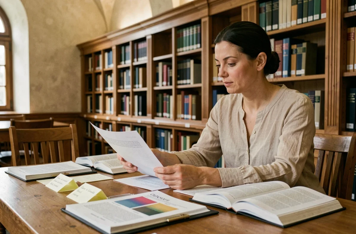Femme étudiant des exemples classifiés dans une bibliothèque universitaire, illustrant la notion d'exemplier pédagogique