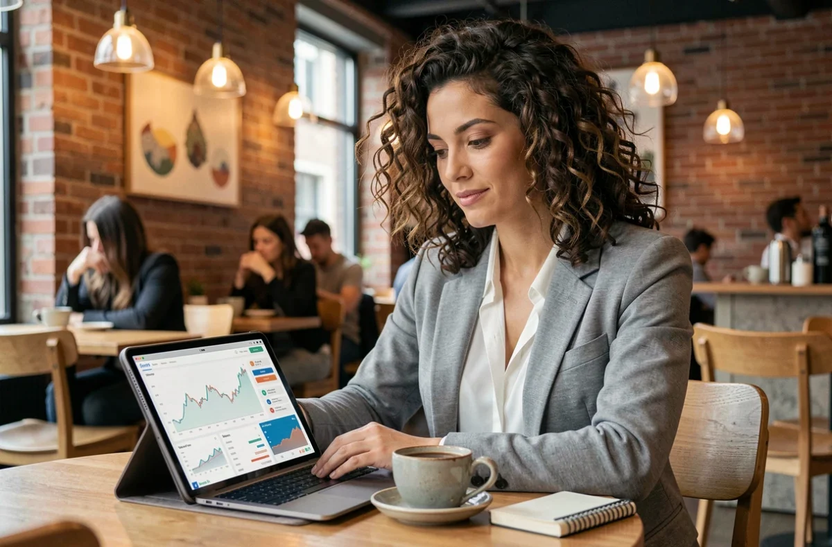 Femme consultant un tableau de bord d'investissement sur tablette dans un café urbain moderne