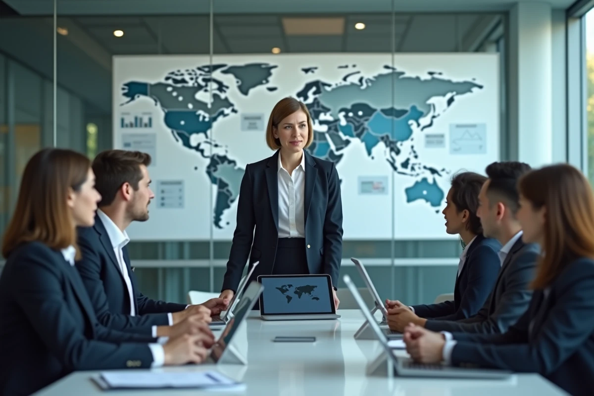 Femme dirigeant une réunion de cybersécurité en salle