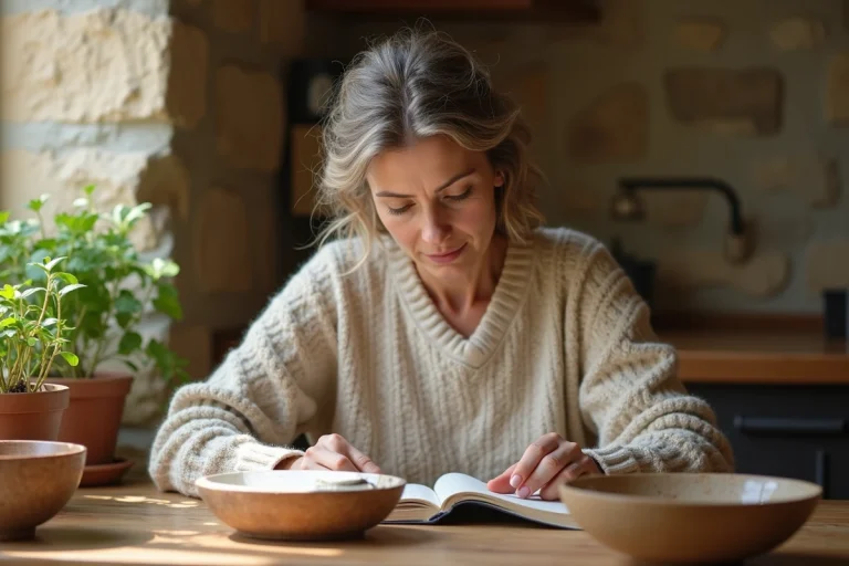 Femme lisant un livre dans une cuisine méditerranéenne chaleureuse