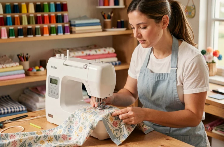 Femme cousant sur une machine à coudre Brother FS40 dans un atelier de couture maison