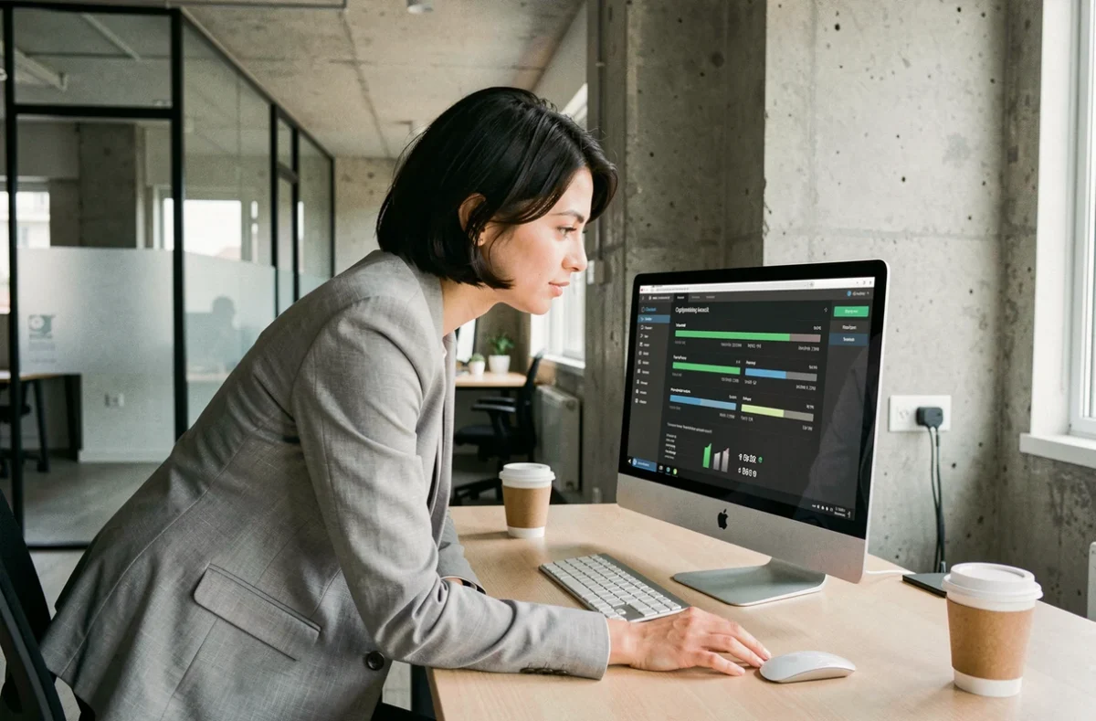 Femme professionnelle utilisant un logiciel d'optimisation PC dans un bureau moderne