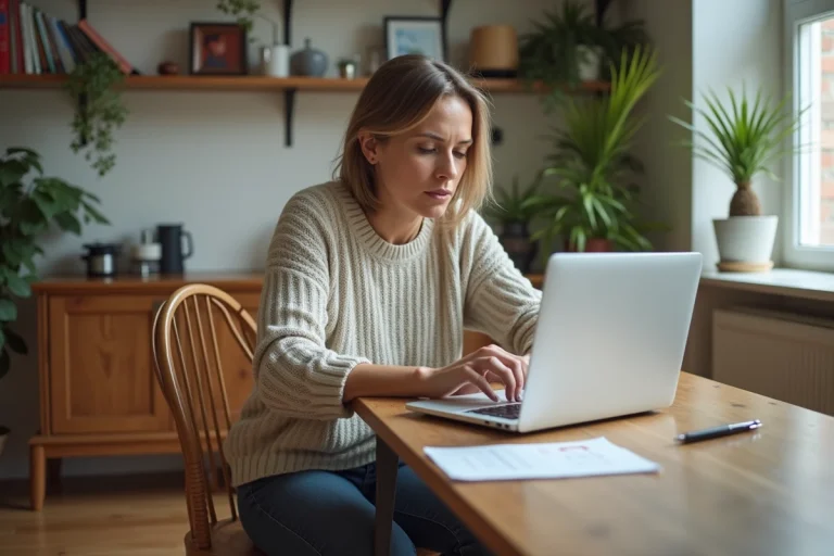 Femme concentrée sur son ordinateur portable à la maison