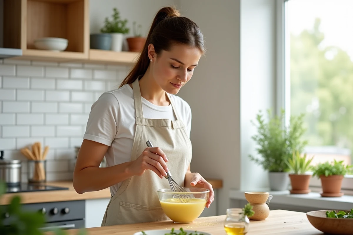 Femme préparant une mayonnaise maison en fouettant dans un bol en verre tout en versant de l'huile d'olive, dans une cuisine de style scandinave
