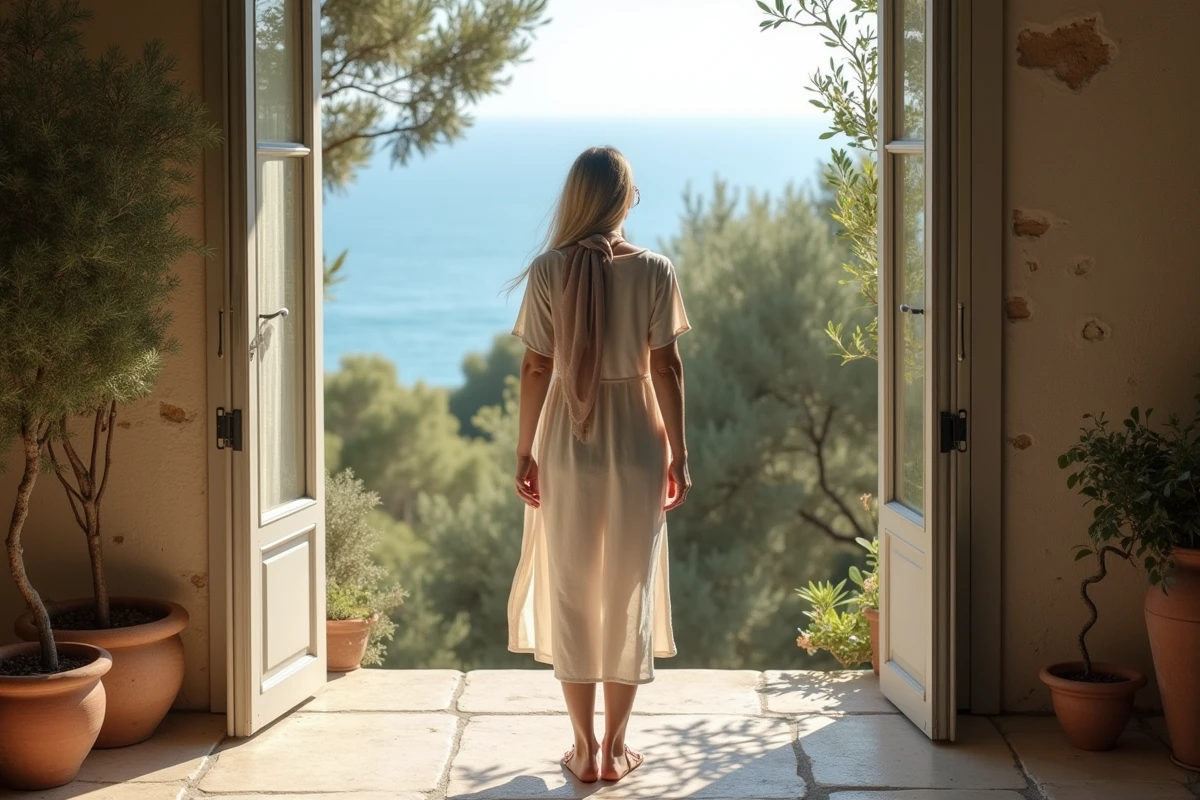 Femme regardant un jardin côtier depuis une fenêtre lumineuse