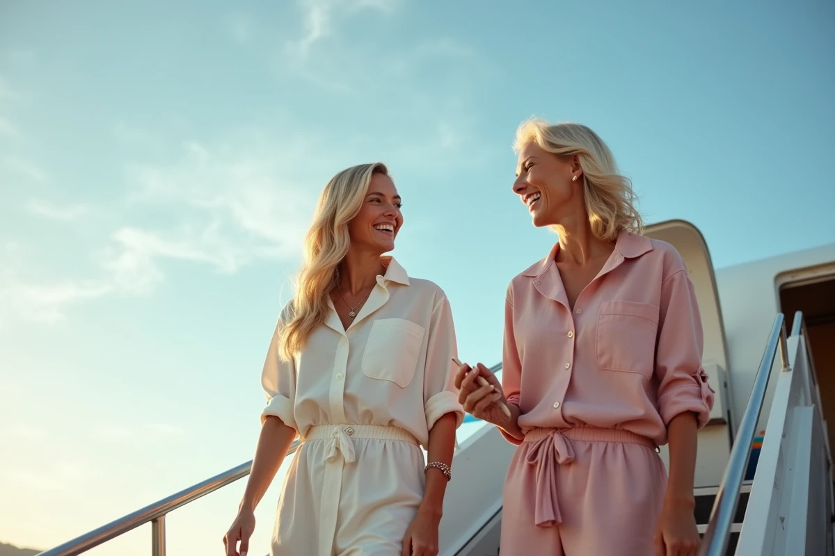 Deux femmes élégantes en tenue resort embarquant dans un avion, voyage stylé et glamour sous un ciel bleu