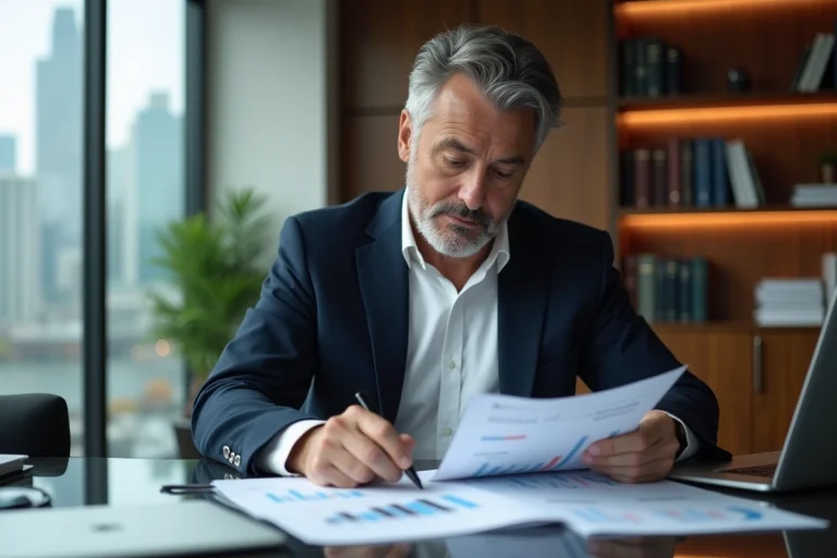 Entrepreneur et expert en finance assis à son bureau étudiant des documents financiers dans un bureau moderne