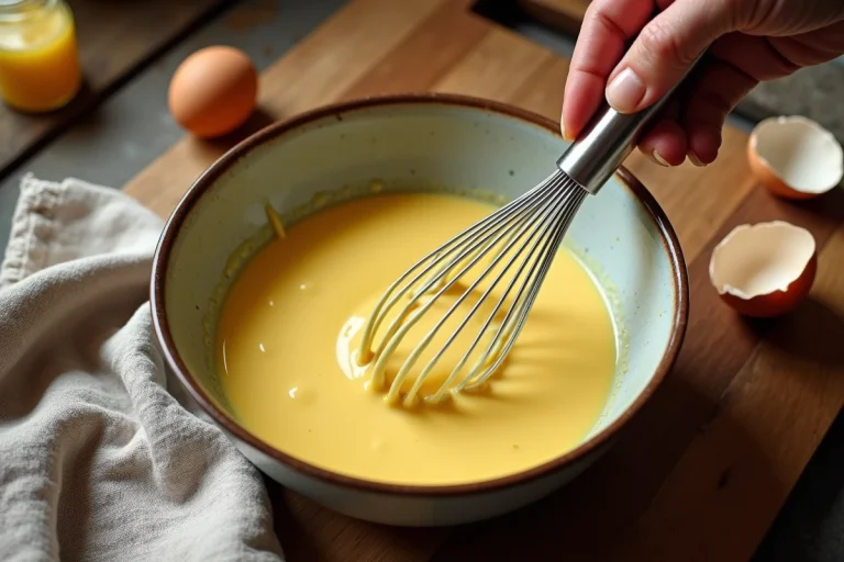 Main tenant un fouet ballon en inox au-dessus d'un bol en céramique rempli de mayonnaise maison en cours d'émulsion sur un plan de travail en bois